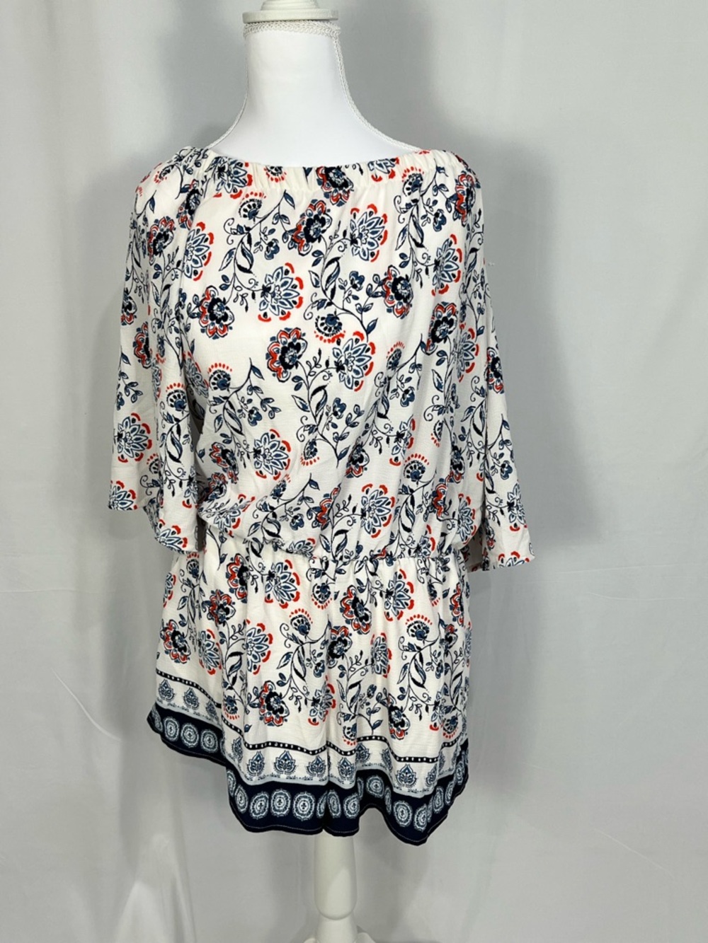 Premier White Floral Romper with Navy & Coral Motif women’s 16
